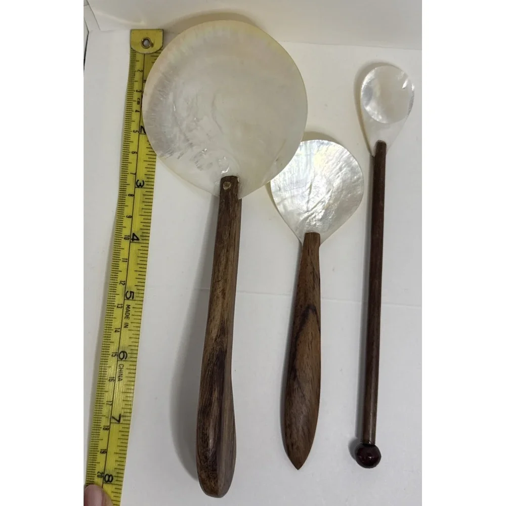 3 Vtg Mother of Pearl Spoons  w/ Coconut Wood Handle For Jam Cream Caviar #1619